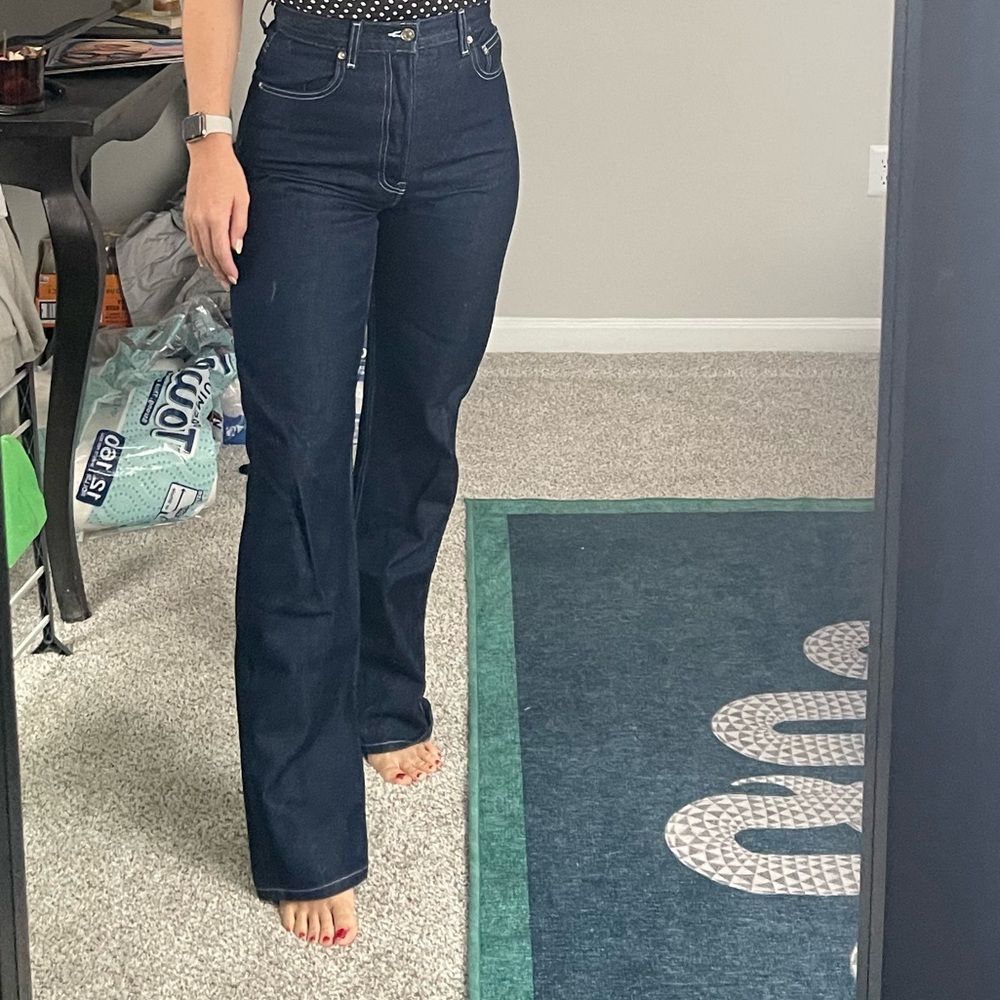 EB denim, contrast stitching, high rise jeans